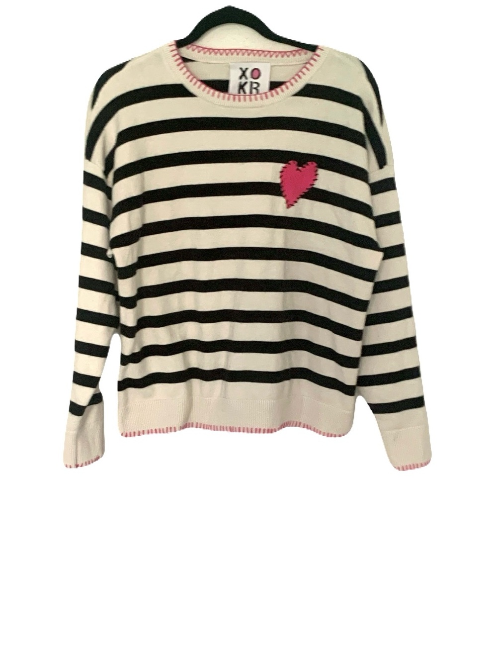 XOKR Kerri Rosenthal Anthropologie Medium Striped Pink Heart Accent Sweater